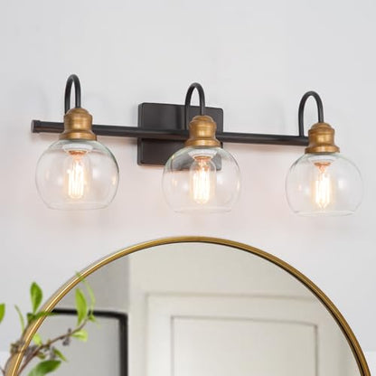 KSANA Farmhouse Bathroom Light Fixture, Modern Black Gold 3-Light Vanity Light with Opening Clear Glass Shade, Modern Antique Brass Wall Lamp Over Mirror - color: Black Gold, size: 3-Light Opening Bathroom Vanity Light