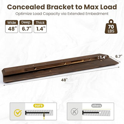 Acovy 48in Solid Spruce Wood Floating Shelves with Beveled Bottom Edges, Wooden Floating Shelf with Heavy-Duty Bracket for Living Room Bathroom Bedroom Kitchen, Rustic Brown, Set of 2 - color: Rustic Brown, size: 48"-2 Packs