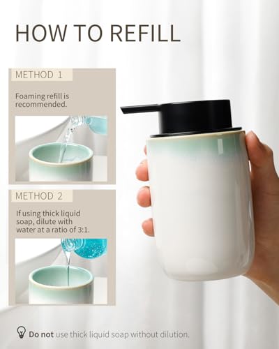 BosilunLife Hand Soap Dispenser for Kitchen, Bathroom Countertop | Foam Soap Dispenser Bathroom Ceramic Dish Liquid Soap Dispenser (White with Blue-Green Rim Foam Pump) - color: White With Blue-green Rim Foam Pump