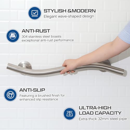 2 Pack Wave Grab Bar Decorative 16 Inch Stylish Stainless Steel Brushed Finish Safety Shower Bar Wall Mounted for Bathroom Bathtubs Toilet Steps Bed Seniors Elderly Handicap Pregnant Women - size: 16 Inch