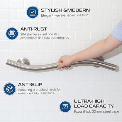 2 Pack Wave Grab Bar Decorative 16 Inch Stylish Stainless Steel Brushed Finish Safety Shower Bar Wall Mounted for Bathroom Bathtubs Toilet Steps Bed Seniors Elderly Handicap Pregnant Women - size: 16 Inch