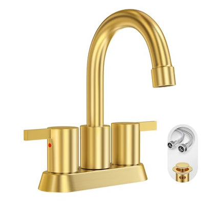 Brushed Gold 4 Inch 2 Handle Centerset Lead-Free Bathroom Faucet, Swivel Spout with Copper Pop Up Drain and 2 Water Supply Lines, BF015-1-BG - color: Brushed Gold