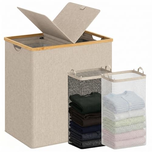 efluky Laundry Hamper with Lid, Double Laundry Basket with 2 Removable Bags, 2 Section Laundry Bin with Bamboo Handles for Bathroom, Bedroom & Laundry Room, 140L (36.9 Gallon) Oat - color: Oat, size: 140L Dual