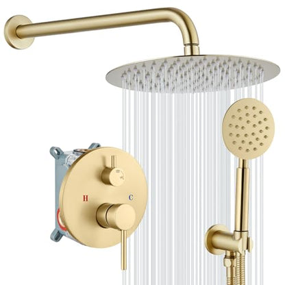 gotonovo High Pressure Shower System Valve and Trim Kit,Brushed Gold | Round Rain 10 Inch Shower Head with Handheld Faucet Set Complete,Rough In Valve,2-in-1 Diverter,All Metal,Bathroom Wall Mount - color: Gold