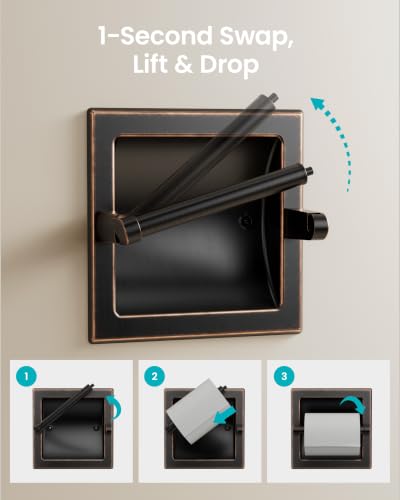 Recessed Toilet Paper Holder Oil-Rubbed Bronze in-Wall, 304 Stainless Steel | Inset Toilet Paper Holder, Spring-Free Pivoting Arm, Space-Saving Flush Mount, Fits Rolls up to 6 in - color: Oil-rubbed Bronze