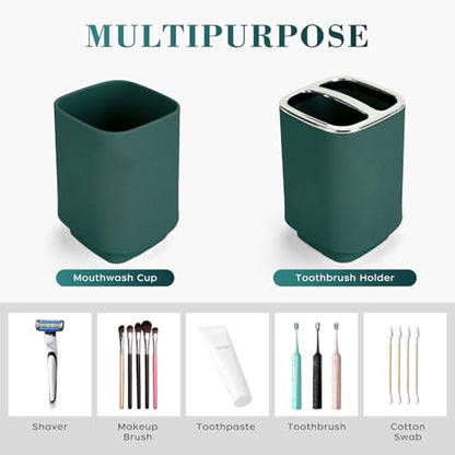 4Pcs Dark Green Bathroom Set, Square Boho Soap & Toothbrush Holder Set | Thick shatterproof ABS, electroplated rust-proof pump, drip-free, multi-slot holder, dustproof lids, easy-clean - color: Dark Green, size: 4PCS