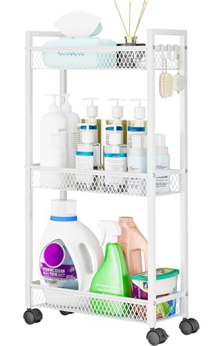 Slim Rolling Storage Cart, Metal 3 Tier Bathroom Storage Organizer Laundry Room Utility Cart for Kitchen, Bthroom, Makeup, Craft, Laundry Narrow Places, White - color: White
