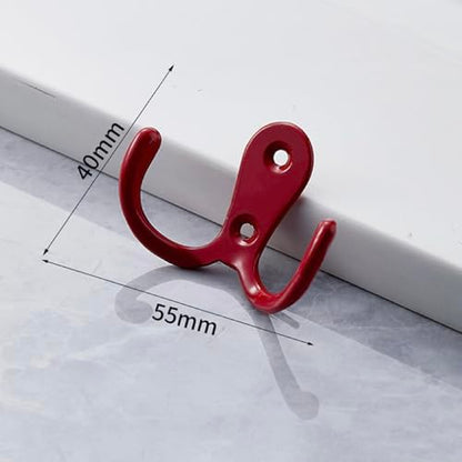 4 Pcs Double Prong Robe Hooks, Dual Coat Hooks Wall Mounted Hanging Clothes for Bathroom Bedroom Door Wall Retro Metal Cloth Hanger Double Coat Hooks with 8 Screws (Red) - color: Red