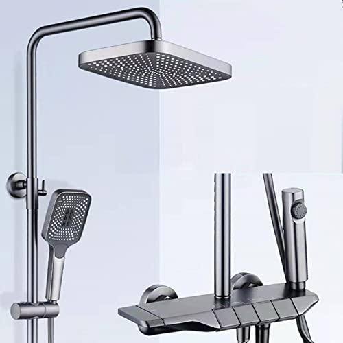 Thermostatic Shower System Exposed Shower Faucet Set Wall-Mounted Bathroom Shower Fixture with Rain Shower Head,3 Mode Handheld Shower,Height Adjustable Shower Rail Set (Gray) - color: Gray