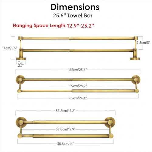 Double Towel Bar Bathroom Towel Rack Towel Rod Holder Antique Brass | Adjustable 16-26 In,Wall Mounted Towel Holder, Stainless Steel, Rustproof, Towel Bar Rod Hanger Hardware Accessories Hotel - color: Antique Brass