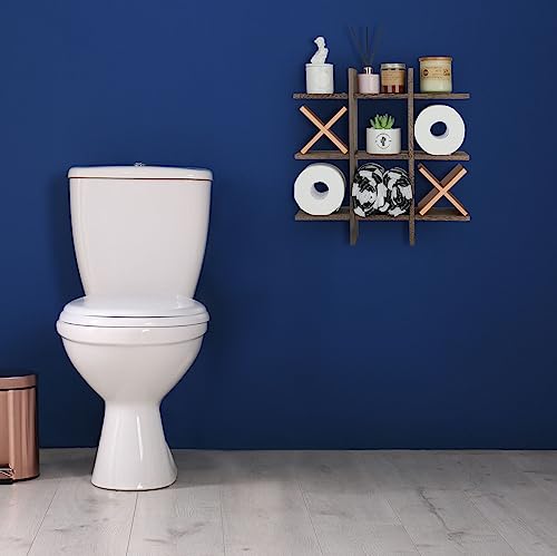 Weysat Tic Tac Toe Toilet Paper Holder Stand Bathroom Wall Decor Rustic Wooden Hanging Storage Freestanding Wall Mounted Shelves Decor for Toilet Tissue Farmhouse