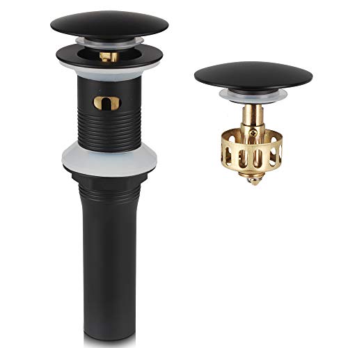 Bathroom Sink Pop Up Drain with Overflow, Strainer, Black | Solid Brass with Detachable Basket Strainer; 7 in. Closed/7.5 in. Open; 1-1/2 in. Min Drain Opening; Push-button Stopper - color: Black, size: Big Popup Cap