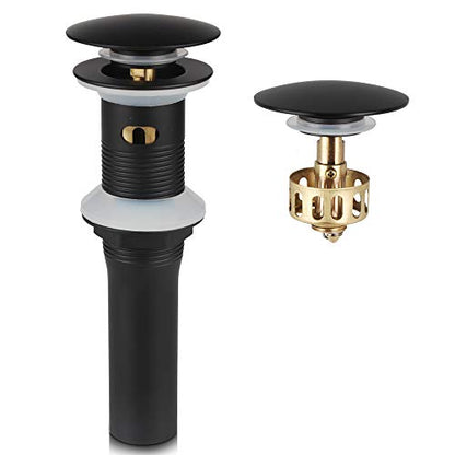 Bathroom Sink Pop Up Drain with Overflow, Strainer, Black | Solid Brass with Detachable Basket Strainer; 7 in. Closed/7.5 in. Open; 1-1/2 in. Min Drain Opening; Push-button Stopper - color: Black, size: Big Popup Cap