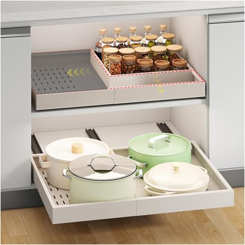 Pull out Cabinet Organizer,Width (16"-21") and Depth (13"-17") Expandable With 3 Rails,No Drill Adjustable Slide out Drawers for Kitchen,Pantry,Adhesive Roll out Shelves,for Cabinets Without Lip,White - color: White, size: (16"W-21"W)X(13"D-17"D)