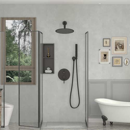 BESy Shower System with 10 Inch Round Rain Shower Head and Handheld Wall Mounted, High Pressure Rainfall Heads Shower Faucet Fixture Combo Set with 2 in 1 Spray Showerhead for Bathroom, Black - color: Black