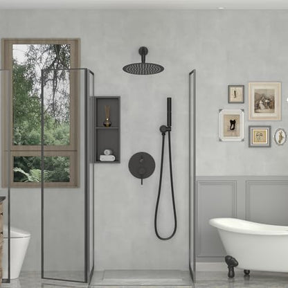 BESy Shower System with 10 Inch Round Rain Shower Head and Handheld Wall Mounted, High Pressure Rainfall Heads Shower Faucet Fixture Combo Set with 2 in 1 Spray Showerhead for Bathroom, Black - color: Black