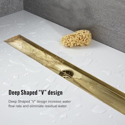40" Linear Shower Drain Brushed Gold Drain with Tile Insert Grate | AISI 304 Stainless Steel Fast Drainage Rectangle Hidden Shower Trench,Detachable Hair Catcher Easy to install,Leveling Feet - color: Gold, size: 40 Inch (No Base)