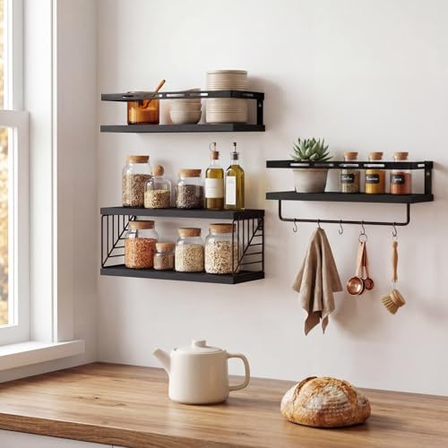 Fixwal Wall Mounted Bathroom Shelves Over Toilet (3+1 Black) | Wall Shelf with Basket Storage , Towel Bar, Solid Wood, 22Lb Capacity, Easy DIY Install - color: 5-black