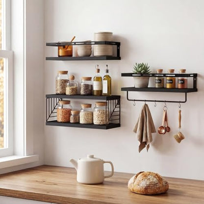 Fixwal Wall Mounted Bathroom Shelves Over Toilet (3+1 Black) | Wall Shelf with Basket Storage , Towel Bar, Solid Wood, 22Lb Capacity, Easy DIY Install - color: 5-black