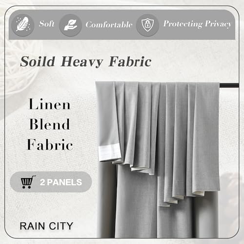 RAIN CITY Grey Linen Blackout Curtains 84 Inches Long 50 x 84 2 Panels | 100% Block Out Room Darkening Textured Curtain for Bedroom Living Room Thermal Back Tab Pocket Curtains with Hooks - color: Grey, size: 50"W x 84"L (Pack of 2)
