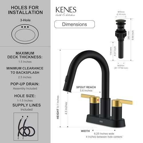 Black and Gold Centerset Pull Down Bathroom Faucet 4 Inch 2 Handle | Pull Out Bathroom Faucet with Pop Up Drain & Supply Lines, Lead-Free cUPC & NSF Certified, 3 Hole Faucet for Vanity RV Bar - color: Black & Gold