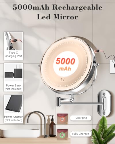 9'' 30X/1X Wall Mounted Lighted Makeup Mirror, Height Adjustable Double Sided 5000mAh Rechargeable Magnifying Bathroom Mirror with Light, 3 Color Modes Touch Dimmable Extended Arm 360 Rotation