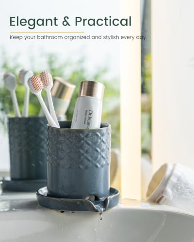Zoeeker Toothbrush Holder, Ceramic Toothbrush and Toothpaste Holder Set | Electric Toothbrush Holder for Bathrooms Self-draining Toothbrush Organizer Makeup Brush Holder for Shower, Vanity, Blue - color: B-blue