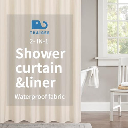 Extra Long Fabric Shower Curtain,No Liner Needed,72"x96",Cream | 2-in-1 Design,Linen Textured,100% Waterproof TPU-Laminated Backing,Magnetic Weighted,Machine Washable,For Bathroom,Hotel - color: Cream, size: 72"W x 96"L (Pack of 1)