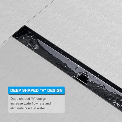 24 Inch Black Linear Shower Drain, Rectangular Shower Floor Drains with Brickwork Cover, 304 Stainless Steel Linear Drain with Leveling Feet, Hair Strainer (Matte Black)
