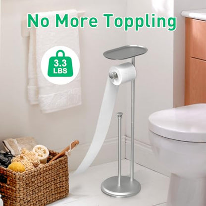 Freestanding Toilet Paper Holder with Shelf and Reserve for Small Bathroom Storage, Holds 5 Mega Rolls/Phone/Wipes Nickel