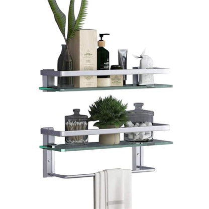 Glass Bathroom Shelf 15.7in Bathroom Shelf Wall Mounted Floating Glass Shelves with Towel Holder Glass Shelf for Bathroom 2 Tier (Sliver) - style: 2 tier with towel bar silver