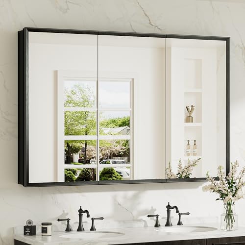 TokeShimi 48 x 32 Medicine Cabinet Recessed, Assembly Required, Lagre Medicine Cabinet Bathroom Mirror with Storage, Stepless Adjustable Shelves, Beveled Aluminum Frame, Tempered Glass - color: Black, size: 48x32 in
