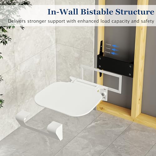 White Folding Shower Seat with Bistable Embedded Bracket | 15.7" Wide Shower Chair,Space-Saving Fold,Waterproof,440lb Capacity,Sturdy and Safety Bench for Adults - color: White