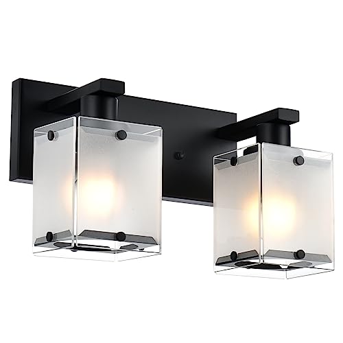 Black Wall Sconce Lighting, 2-Light Bathroom Vanity Light Fixture Wall Mount Lamp Over Mirror for Bedroom Bedside Studty Living Room, Rectangular Frosted Glass Shade - color: Black, Frosted Glass, size: 2-Lights