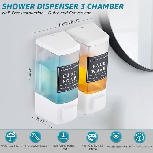 Shampoo and Conditioner Dispenser for Shower, 2 Chamber, White | Clog-Free Pump for Thick Liquids, 16.9oz Large Capacity, No Drill Wall Mounted Compact Design for Small Bathroom - color: Dm25-white