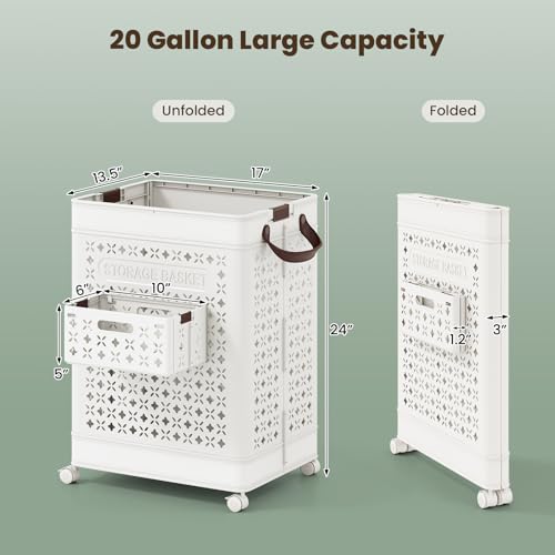Giantex 75L Collapsible Laundry Baskets with Wheels | Foldable Laundry Hamper with Handles & Underwear Basket, Large Plastic Dirty Clothes Hamper for Bathroom, Bedroom, Dorm