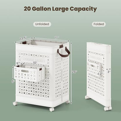 Giantex 75L Collapsible Laundry Baskets with Wheels | Foldable Laundry Hamper with Handles & Underwear Basket, Large Plastic Dirty Clothes Hamper for Bathroom, Bedroom, Dorm