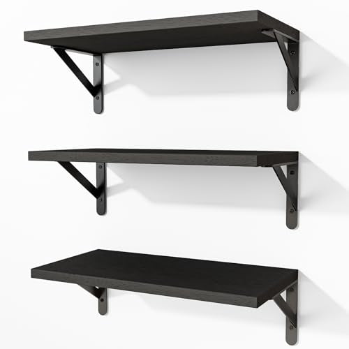 Fixwal Wall Floating Shelves for Home Decor (Black, Set of 3, 16.5 Inch) | Wood Shelves, Natural Grain, 40Lb Capacity, Sturdy Triangle Brackets, Versatile for Any Room - color: Black