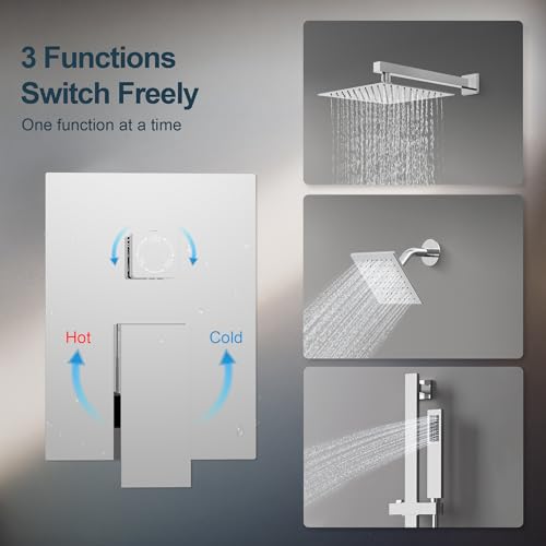 Shower Faucet Set, 10" & 6" Dual Rainfall Shower Heads System for Wall Mount with Slide Bar & Handheld Sprayer, Chrome - color: Chrome