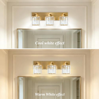 Gold Crystal Bathroom Vanity Light, 3-Light Modern Bathroom Lighting Fixtures Over Mirror,Chrome Wall Sconce Light Fixtures with Square Shade - color: Gold-Square Shade, size: 3-LIGHT