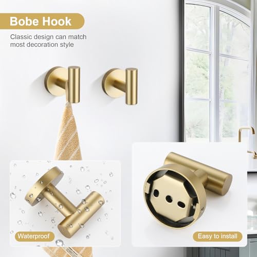 TQKAG 8-Pieces Bathroom Hardware Set Brushed Gold SUS304 Stainless Steel Bath Towel Bar Set 23.6 Inch Round Bathroom Accessories Kit Wall Mounted - color: Brushed Gold, size: 8-Pieces Set