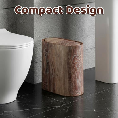 WLLHYF Bathroom Trash Can with Pop-Up Lid Lids Small Garbage Bin Plastic Marble Wood Pattern Trashcans Removable Liner Bucket Wastebasket Modern Narrow Waste Basket for Home Kitchen Bedroom Office