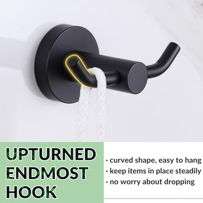 APLusee Matte Black Double Towel Hook for Bathroom, Entryway, Wall Mounted | Robust 304 Stainless Steel, Resist Rust & Corrosion, Heavy-duty 11lbs Robe Hook for Towel, Clothes, Bag, Kitchen or Outdoors
