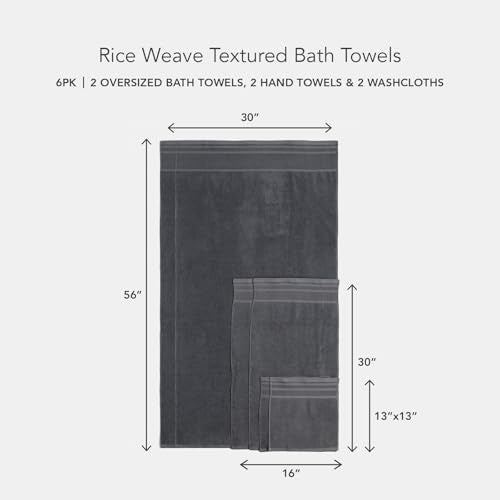 Texere 100% Organic Cotton Rice Weave Jacquard 700 GSM Luxury Bath Towel Sets - Ultra Soft and Absorbent Hotel Quality, 2 Large Bath Towels, 2 Hand Towels, 2 Washcloths (Rice Weave, Charcoal, 6 Piece) - color: Charcoal (Rice Weave)
