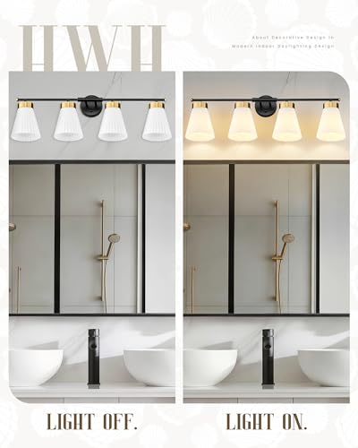 4-Light Bathroom Light Fixture, HWH 32 Inch Vanity Lights Over Mirror, Modern Sconce Wall Lighting with Frosted Milk White Striped Glass, Black and Gold Finish, 5HZG97B-4W BK+BG - color: Black and Gold, size: 4-Light
