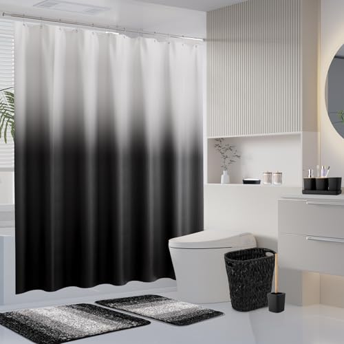 XLHOMO Black Bathroom Accessories Set with Wicker Trash Can Shower Curtain and Rugs,Bathroom Sets Small Waste Basket Bathroom Trash Can for Bedroom Bathroom - size: Wicker Bathroom Set+Shower Curtain+Bath Rugs, style: Black