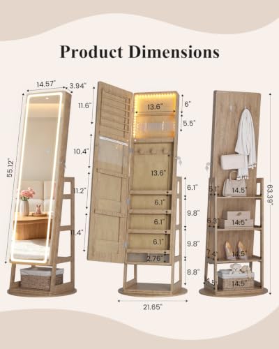 Standing Jewelry Cabinet Mirror with Adjustable LED Light Wood | 63" Lockable Jewelry Armoire Organizer with 4 Rear Shelves & Hooks, 360° Swivel, for Bedroom, Living Room, Women Girls Gift - color: Wood 1