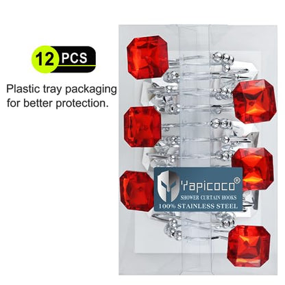 Shower Curtain Hooks Rings for Bathroom, 12PCS Double Hooks Glide Anti Rust Crystal Rhinestones Shower Curtain Rings Hangers for Shower Curtains, Clothing, Towels, etc. (Clear) (Red) - color: Red