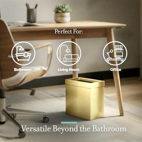 Gatco Modern Rectangle Wastebasket, Brushed Brass - Stainless Steel Trash Can with Removable Lid, Leakproof, 3 Gallon Capacity for Bathroom, Bedroom, Kitchen, or Office - color: Brushed Brass