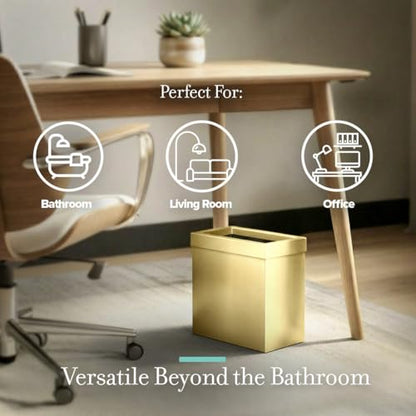Gatco Modern Rectangle Wastebasket, Brushed Brass - Stainless Steel Trash Can with Removable Lid, Leakproof, 3 Gallon Capacity for Bathroom, Bedroom, Kitchen, or Office - color: Brushed Brass